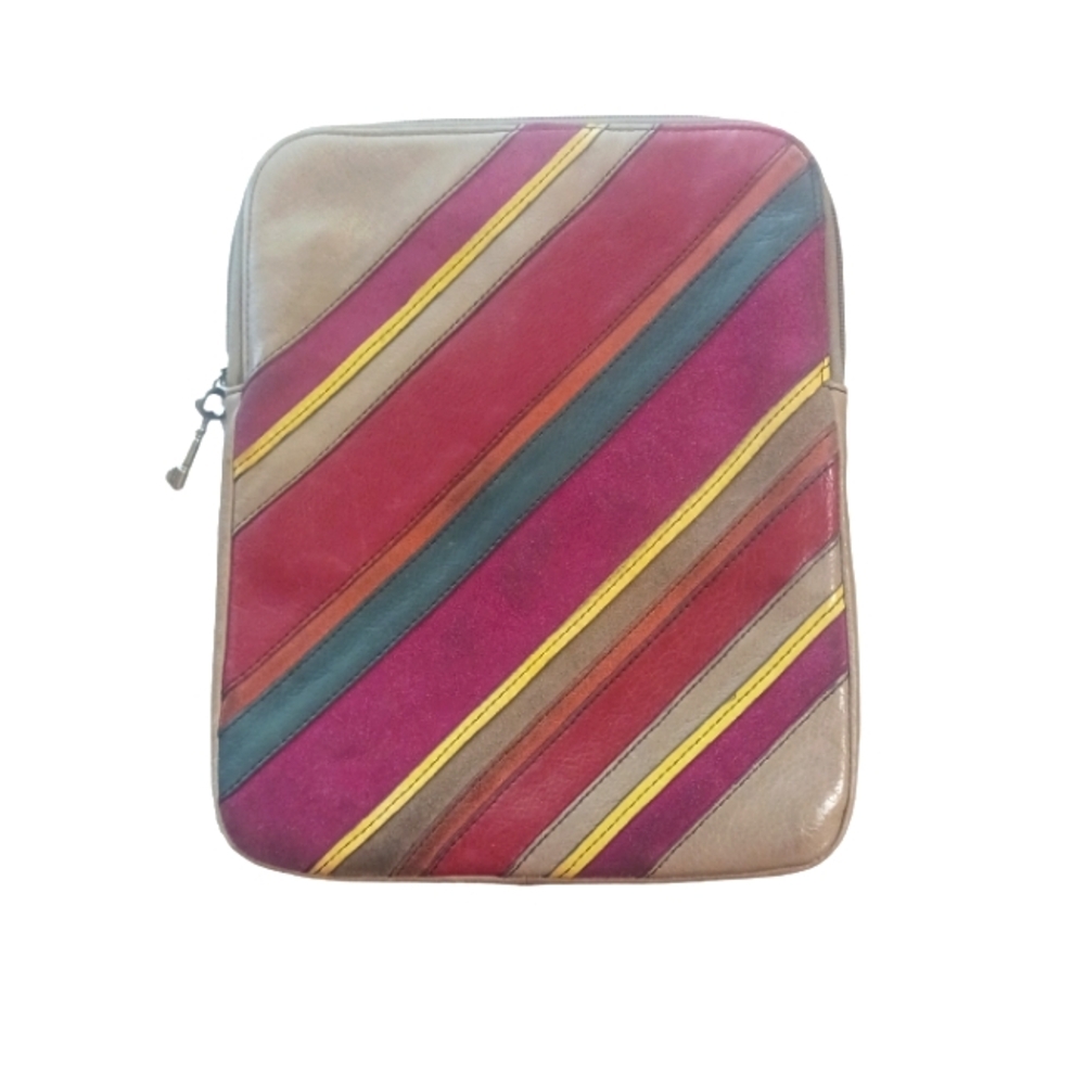 Fossil Striped Leather Pouch in Magenta, Red, Yellow, Teal, and Tan